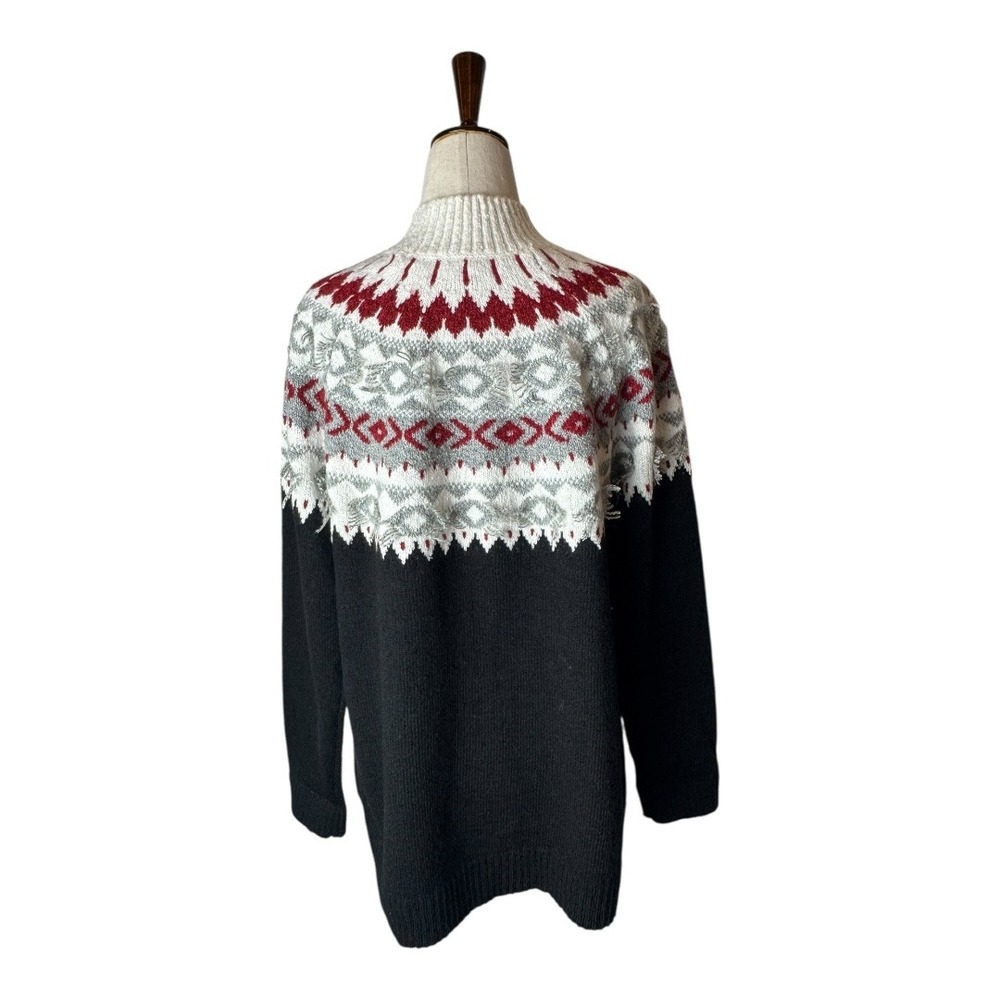 J Jill Sweater Women Medium Petite Black‎ Ivory Fair Isle Nordic Knit Mock Neck - Picture 3 of 12
